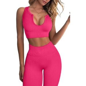 QINSEN Ribbed Seamless Sports Bra and Leggings Workout Set